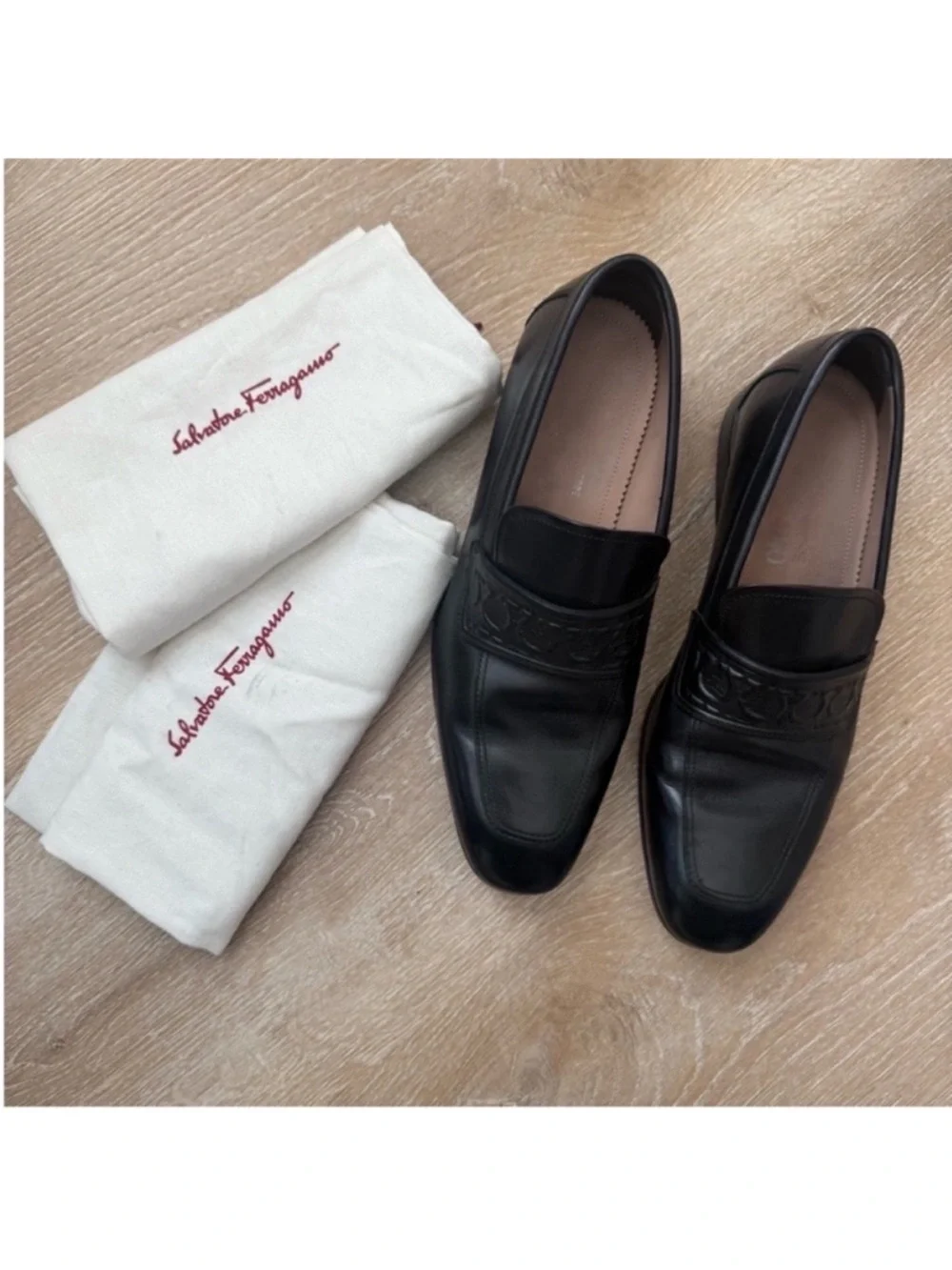 Salvatore Ferragamo Black Leather Embossed Penny Loafers